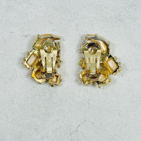 VTG Brooch Earrings Mother of Pearl Mosaic Geometric Gold Tone Unique Estate - Picture 12 of 14